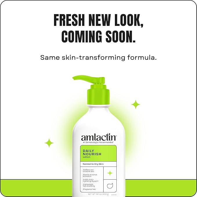 AmLactin Daily Nourish Therapeutic Body Lotion for Dry Skin - No-Scrub Exfoliator and Moisturizer 12% Lactic Acid Lotion, 14.1 oz (Packaging May Vary)