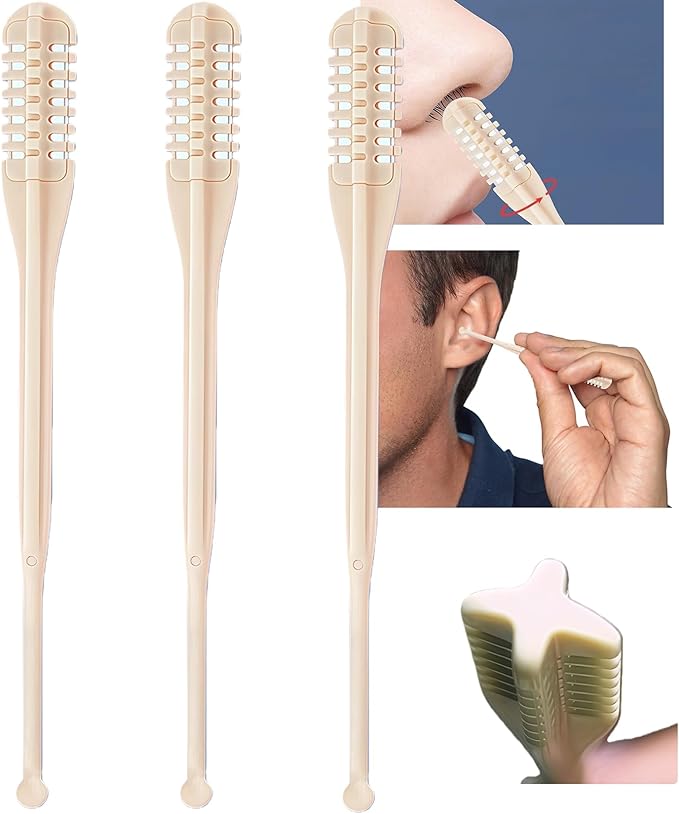 3PCS 2 IN 1 Nose Hair Trimmer Nasal Cutter Remover Removal Women Men Ear Manual Nostril Sightfelt Razor Shaver Double Sided Knife Disposable Rotating Stick 360 Head Trim Razors Blade Stick (Beige,3PC)