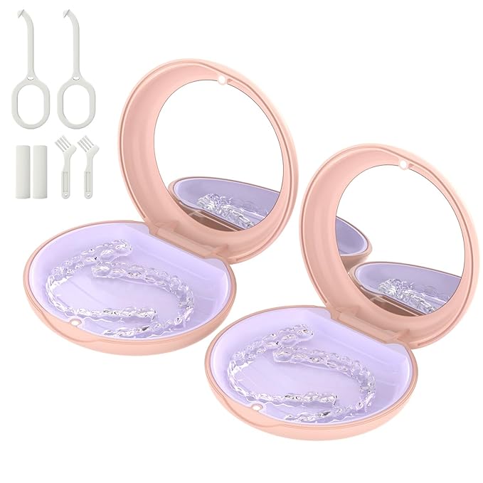 2 Pack Retainer Case with Mirror, Compatible with Invisalign, Orthodontic Aligner Case with Removal Tool and Brush, Pink