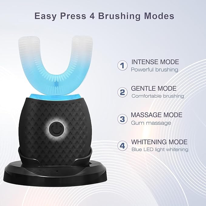 Smart U-Shaped Ultrasonic Toothbrush for Adults: 360° Full Mouth Cleaning with Auto Rotation, Smart Pressure Sensor & LED Light, Includes Foam Mousse, 4 Brush Heads and Charging Base (black)