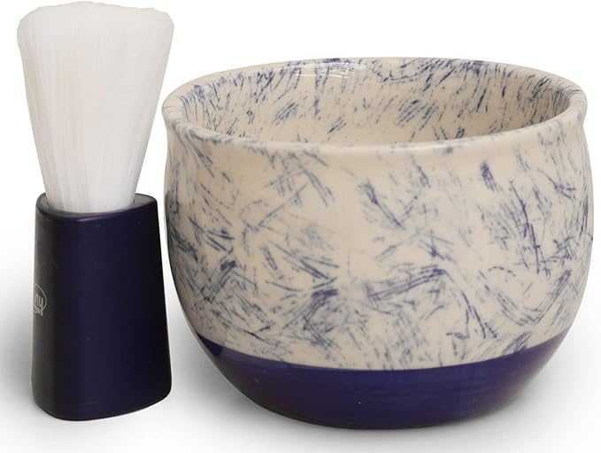 ETROVES Ceramic Shaving Bowl | Scuttle Leather Bowl for Men, Easy Leather Soap Bowl, 4 Inch, White Blue