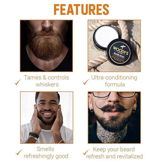 Woody's 2-in-1 Beard Balm for Men – Beard Softener for Men and Style Wax, Conditioner & Moisturizer Natural Beeswax, 2 oz