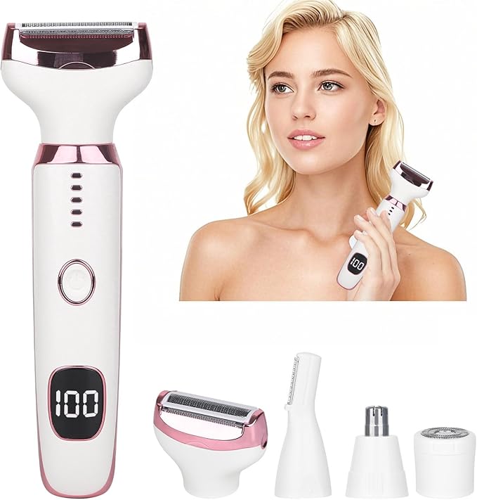 Electric Razor for Women Men with LED Display,4 in 1 Ladies Wet & Dry Body Razors and Facial Hair Remover, Rechargeable Hair Removal Kit for Nose Face Body Leg Bikini Arm Hair (White)