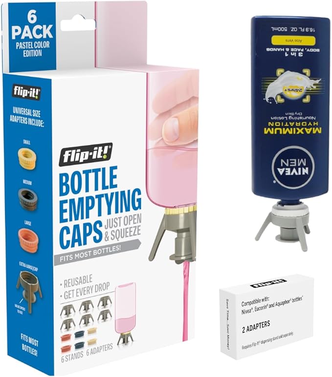 Flip-It! Bottle Emptying Kit - Flip Bottle Upside Down To Get Every Drop Out Extra adapters included to fit Nivea, Eucerin, and Aquaphor bottles. (6 Pack, Pastel Color Edition)