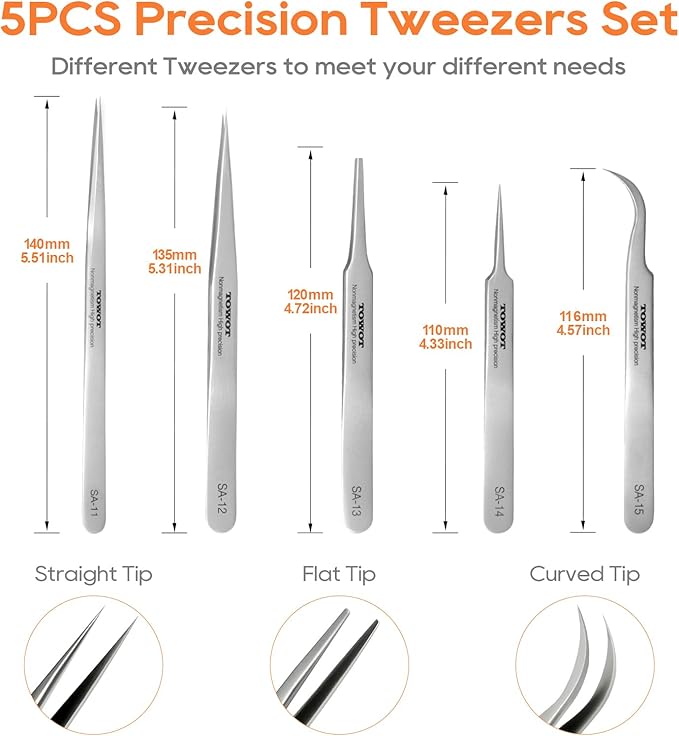 TOWOT Precision Tweezers, Stainless Steel Eagle Beak Tweezers for Craft, Electronics, Soldering, Experimental Work, Jewelry-Making, Non-Magnetic Curved Tweezers