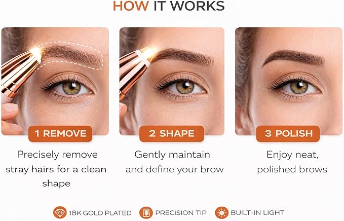 Eyebrow Trimmer & Facial Hair Remover for Women, 18K Gold Plated Precision Electric Face Razor with Built-in LED Light, Painless Hair Removal for Eyebrows, Upper Lip, Chin & Peach Fuzz