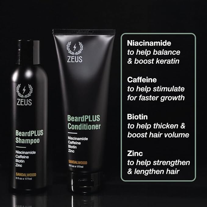 ZEUS BeardPLUS Beard Shampoo & Conditioner Set for Men, Hair Growth Treatment for Hydration, Softness & Thickness with Biotin & Caffeine (Made in USA) Combo Set