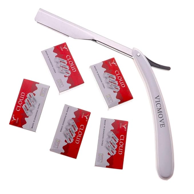 Professional Barber Straight Edge Razor Safety with 100-Pack Derby Blades - 100 Percent Stainless Steel - by VICMOVE (1 Razor + 100 Blades)