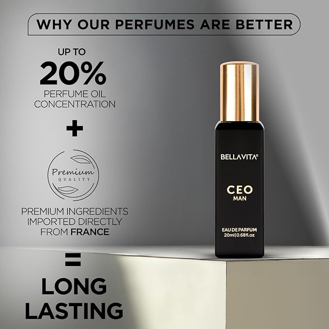 BellaVita Luxury CEO Man Eau de Parfum Travel Size Edition 20 ml | Mens Travel Fragrance | Long-Lasting Mini Perfume with Lemon, Lavender, Agarwood| Compact Perfume for Men | Pocket Size