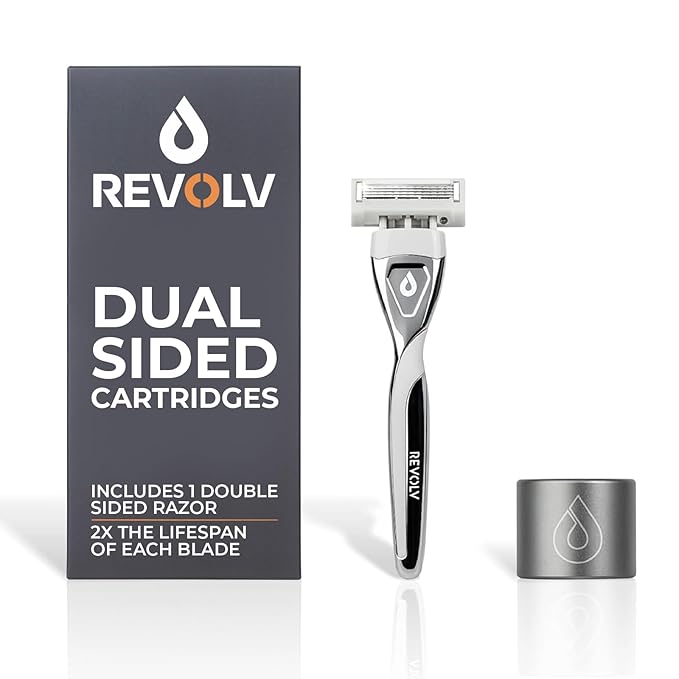 REVOLV - Men’s Razor - 1 Premium Weighted Handle + 1 Dual-Sided Cartridge + 1 Stand - For a Closer, Smoother Shave - Safe on Sensitive Skin - Grey