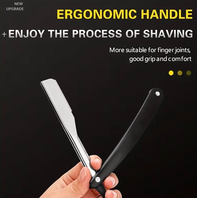 UM Supplies Straight Razors for Men – Professional Barber Straight Edge Razor Kit with 10 Replaceable Insert Single Edge Blades - Navajas Para Barbero (Black Slideout)