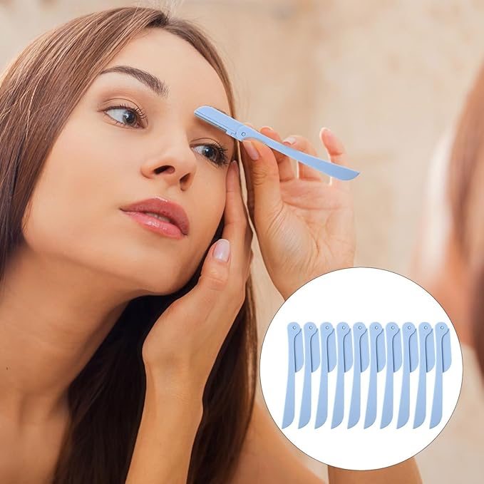 FOMIYES 10Pcs Foldable Stainless Steel Eyebrow Razors for Women, Portable Facial Hair Removal Trimmer with Plastic Handle, Blue