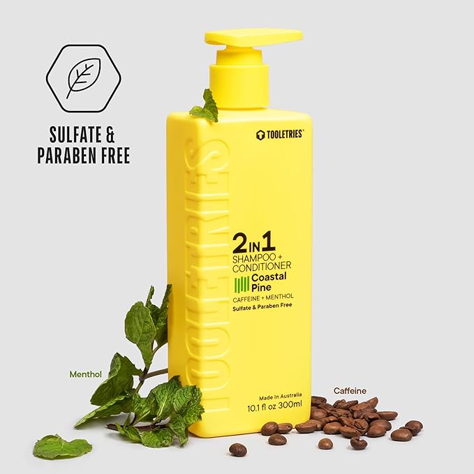 TOOLETRIES 2-in-1 Coastal Pine Men's Shampoo and Conditioner - Pine Scented Hair Wash with Menthol and Caffeine to Promote Hair Growth, Sulfate and Paraben Free - 10.1 oz / 300ml