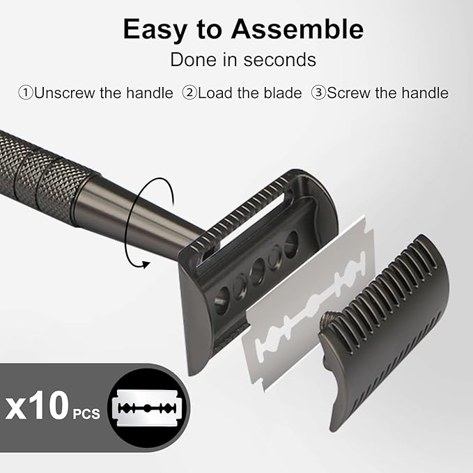 Safety Razors for Men and Women, Single Blade Razor, Reusable Metal Razor, with 10 Double Edge Blades, Stainless Steel Handle, Smooth Close Gentle Shave, Black