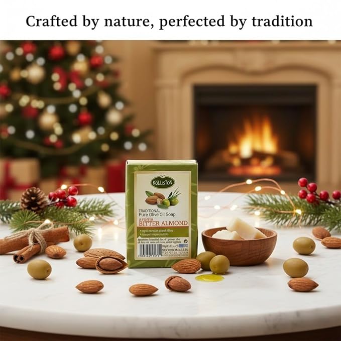 Kalliston, Olive Oil Soap bar with Bitter Almond extract, Includes Pumice stone, all natural soap bar, Product of Greece, Pack of 4