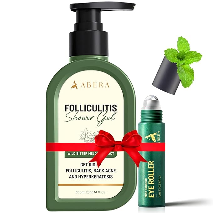 ABERA Folliculitis Shower Gel, High-Performance BHA Body Wash, Wild Bitter Melon Extract, 1 Box + Eye Roller Serum | Eye Bags, Dark Circles & Puffiness Treatment | Mint Essence with Vit C & Peptides