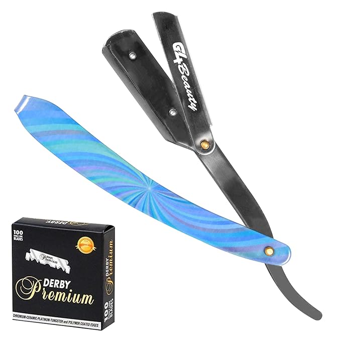 G4 Stainless Steel Straight Edge Barber Shaving Razor Blade for Close Shaving Men Replaceable Blades (Blue Rainbow)