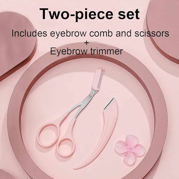 2-Pack Eyebrow Razor Set for Women and Men Professional Eyebrow Scissors with Comb, Pink, Stainless Steel Detachable Design for Easy Cleaning
