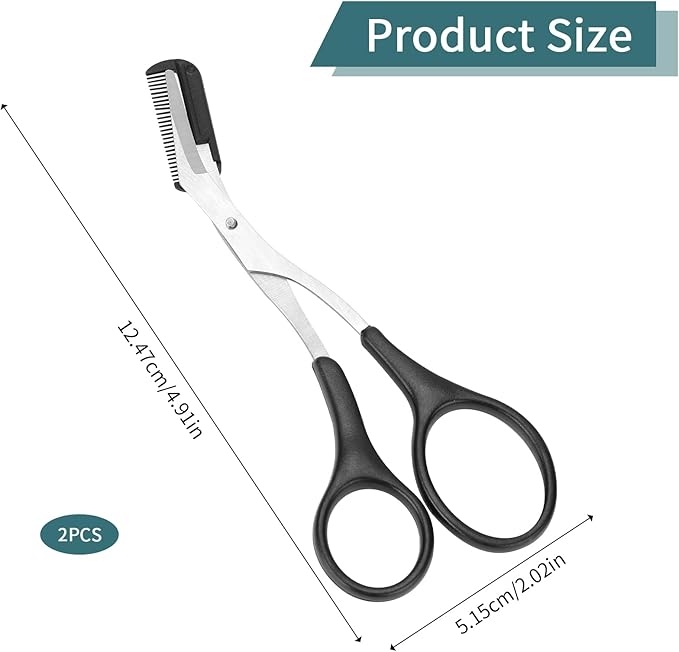 KALIONE Professional Eyebrow Trimmer Scissors with Comb, Stainless Steel, Black, Ambidextrous, Straight Edge, 2 Count, Perfect for Men & Women