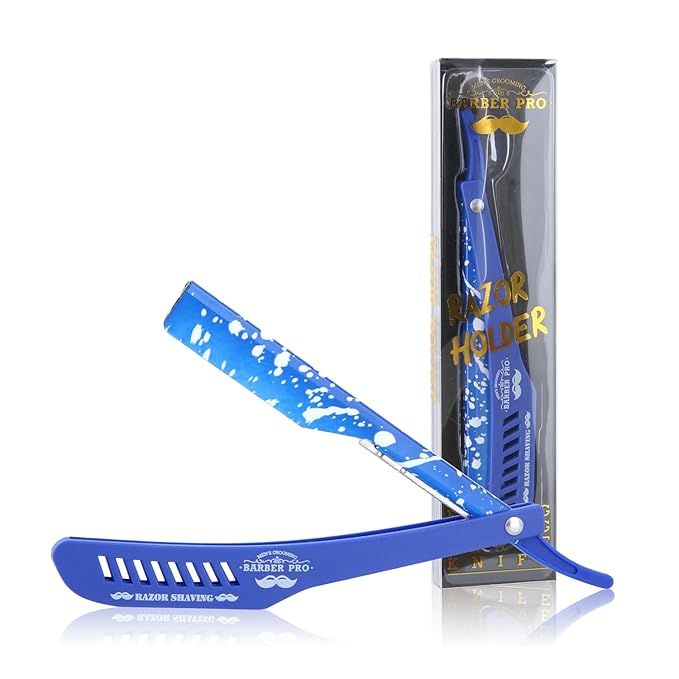 Professional Straight Razor Holder for Barbers – Folding Shaving Razor Handle, Stainless Steel Blade Compatible, for Barber Shop & Home Grooming (Blue)