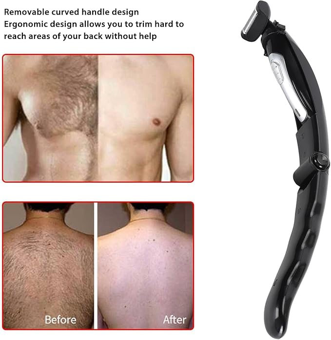 Men Back Trimmer, Body Hair Groomer for Men with Removable Curved Handle Wet Dry Use Extreme Reach for Back Chest Face