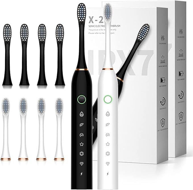 Electric Toothbrush with 8 Brush Heads, 42000vpm 6 Modes IPX7 Waterproof, Soft Electric Toothbrush for Adults - 2 Pack, Black+White