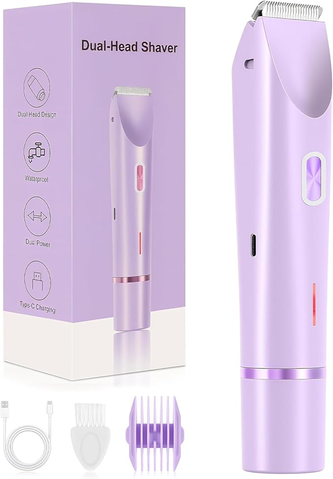 Bikini Trimmer for Women, 2-in-1 Painless Electric Razor with Ceramic Blade, Cordless for Sensitive Skin, Waterproof Dual Head Shaver Women for Facial and Body (Purple)