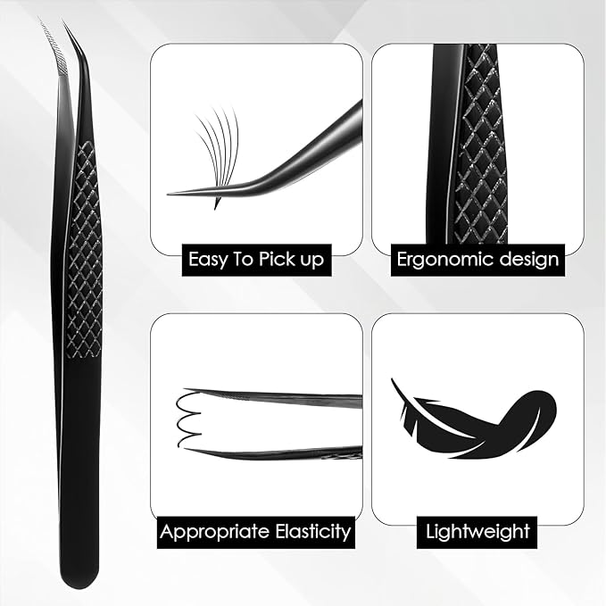 Lash Tweezers for Eyelash Extensions, Fiber Tip Lash Isolation Tweezers Curved Degree Grip Tweezer Black Stainless Steel Professional Eyelash Tweezer for Individual Isolation and Classic Lashes