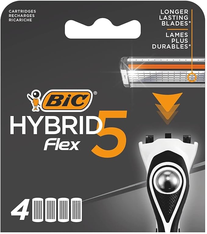 BIC Hybrid 5 Flex Men's Shaver Refills with 5 Moveable Nano-Tech Titanium Coated Razor Blades - Box of 4 Cartridges