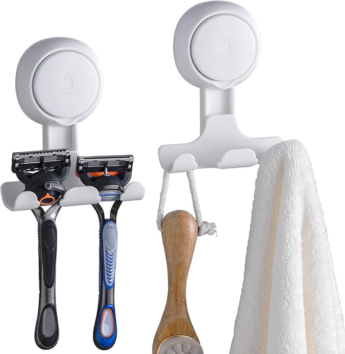 TAILI Suction Cup Razor Holder in Shower 2 Pack, Towel, Loofah, Shaver Holder for Bathroom Wall, Powerful Suction Cup Shower Hooks, Easy to Install and Reuse, White