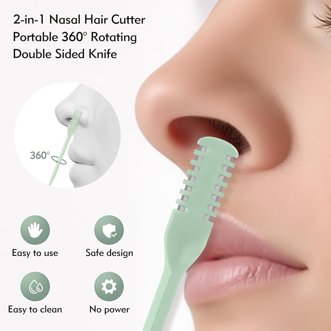 5Pcs 2-in-1 Nasal Hair Cutter, Double Sided Nose Hair Cutter, Portable 360° Rotating Manual Nose Hair Trimmer for Men and Women, Mint Green