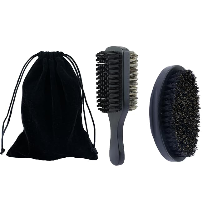 2-Sided Hair Brush for Men and Pure Boar Bristle Beard Brush Set, Pocket Travel Men's Wooden Mustache Brush for Hair, Detangling, Smoothing (Black-B)