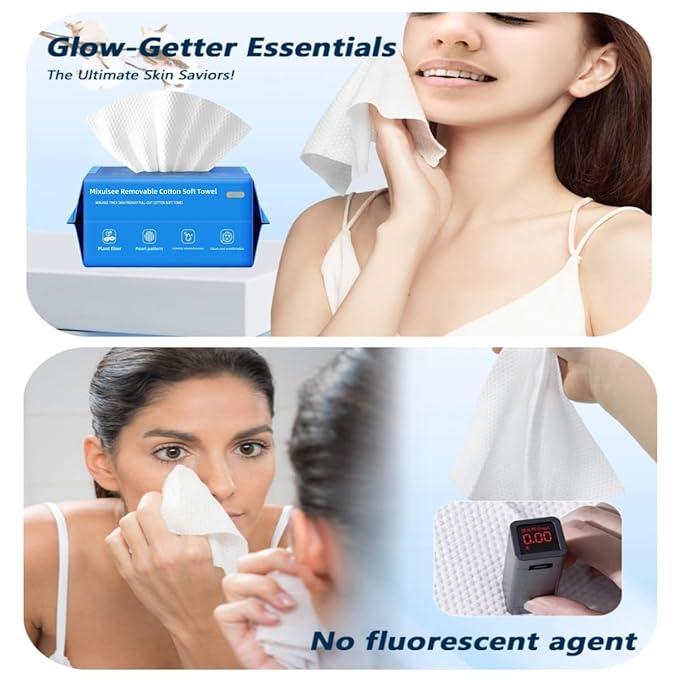 Disposable face towels, MIXUISEE thick and soft face towels. 100% pure cotton, super thick 130%. Suitable for makeup removal and cleansing, and applicable to sensitive skin. (300 pieces)