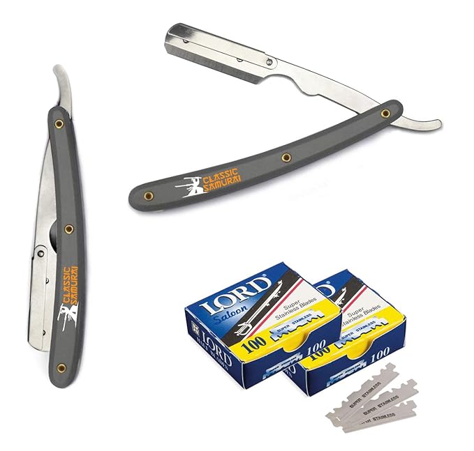 Stainless Steel Professional Barber Folding Straight Edge Razor Shavette Men's Shaving Kit with 200 Count Lord Single Edge Razor Blades (Gray)