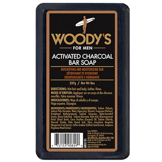 Woody's Activated Charcoal Soap Bar for Men - Detoxifying & Exfoliating Body & Face Wash with Coconut Oil & Bergamot, 8 oz