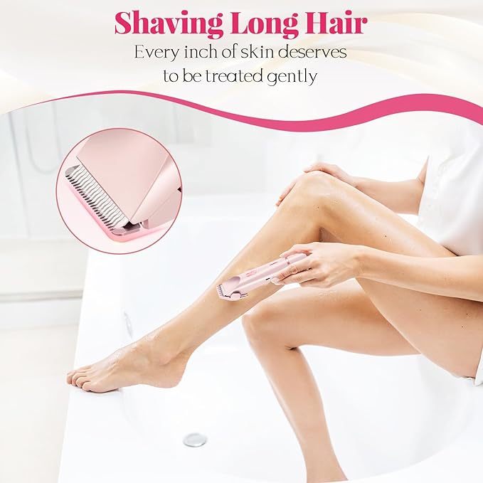 Bikini Trimmer for Women, 2-in-1 Painless Dual Head Shaver Women with Painless Ceramic Blades, Waterproof Electric Razors for Body & Face, Holiday Gift for Her (Pink)