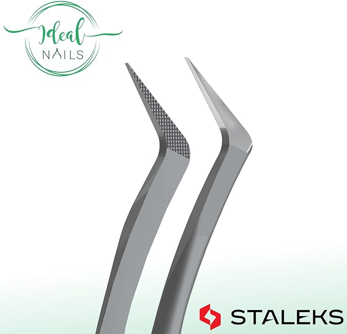 STALEKS PRO Expert 45 Type 2 Professional Eyelash Tweezers (L-Shaped 40°) – Stainless Steel with Nano-Notches for Volume & Mega-Volume Lash Extensions & Enhanced Visibility