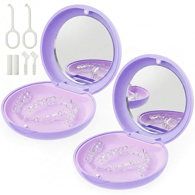 2 Pack Retainer Case with Mirror, Magnetic Aligner Case Compatible with Invisalign, Portable Slim Orthodontic Storage Kit for Clear Aligners - Purple