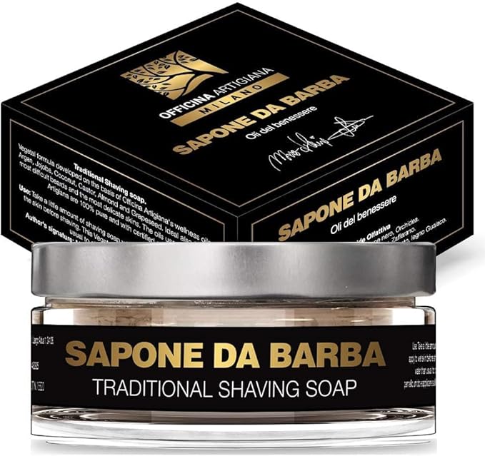 Officina Artigiana Milano Traditional Shaving Soap 150 ml – Luxury Italian artisan wet shaving bar with 40% wellness oils & shea butter – almond‑scented – vegan skincare