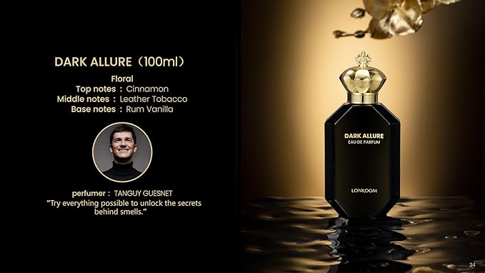 Lonkoom Dark Allure Perfume for Men, 3.4 Fl Oz/100ml Eau de Parfum Spray Long-Lasting Fragrance, Leather Notes of Cinnamon, Leather, Tobacco, Rum, Vanilla
