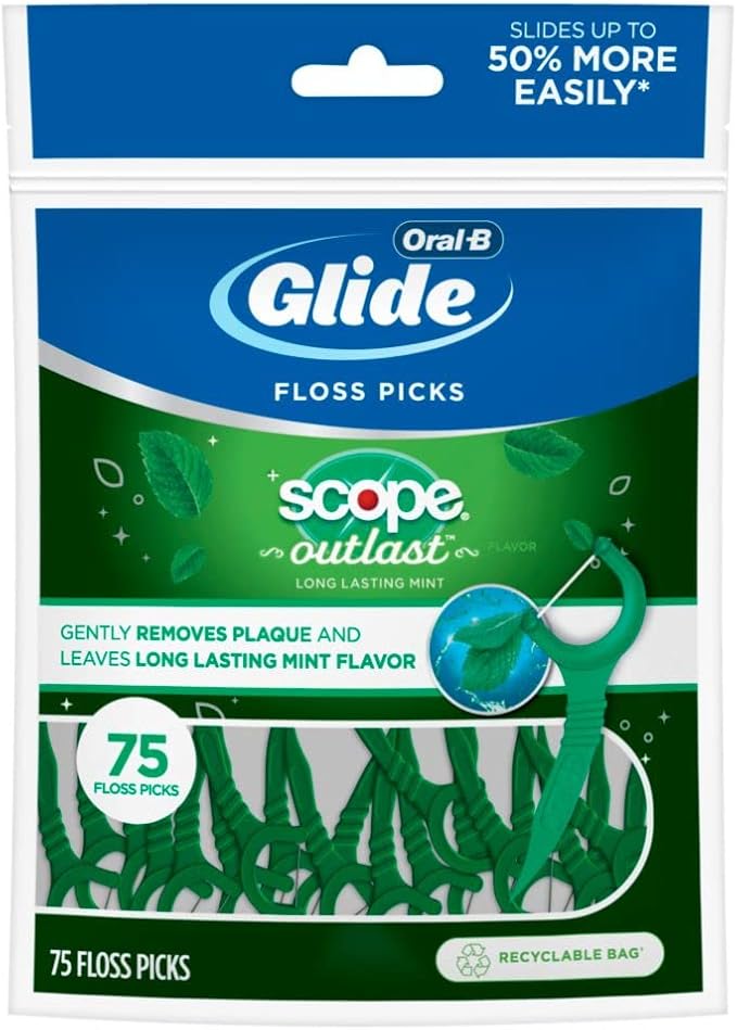 Oral-B Complete Glide Dental Floss Picks Plus Scope Outlast, Long Lasting Mint, 75 Dental Floss Picks, Pack of 6