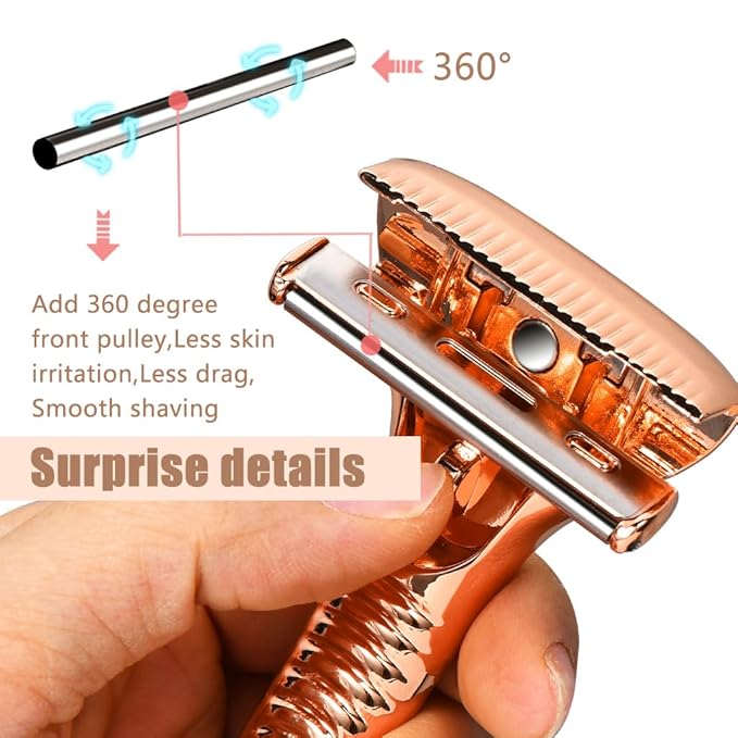 Single Blade Razors for Men and Women, Reusable Modular Safety Razor with Magnetic Head and Metal Non-Slip Grip, 10 Single Edge Razor Blades & Leather Case,Rose Gold Roller