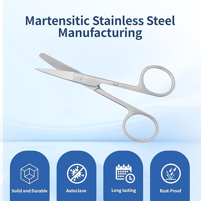 RWD Surgical Scissors 4 Inch, Sharp & Blunt Curved Tip Medical Scissors, Martensitic Stainless Steel Surgical Scissor, Precision Cutting for Surgery, Dental & Lab, S14002-10