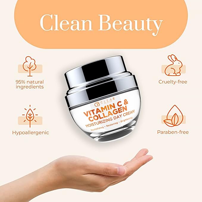 Clear Beauty Vitamin C & Collagen Face Moisturizer – Anti Aging Day Cream, Hydrates, Firms & Revives Dull, Tired Skin – Dermatologist Tested, Korean Skin Care, Vegan Clean Beauty – 1.69 Fl Oz
