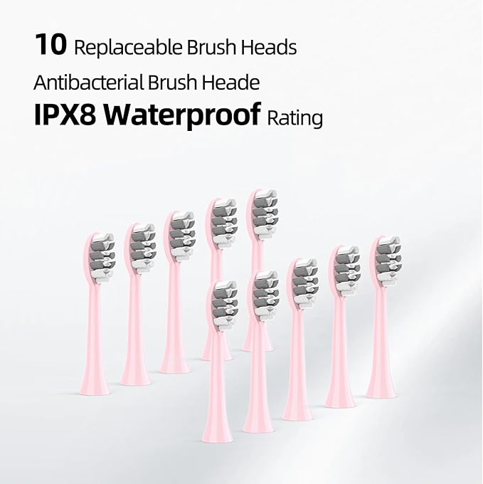 Adult Sonic Electric Toothbrush with 10 Brush Heads, Travel case, and wall Bracket, Suitable for Both Adults and Children, IPX8 Waterproof, USB Charging, 42000VPM, Pink