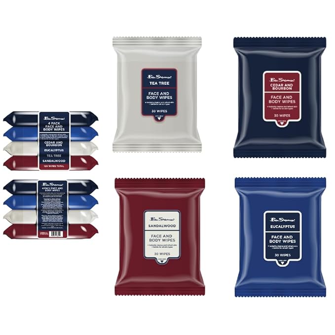 Ben Sherman Men's Face Wipes - 4 Pack (120 Total) Cleansing Wipes for Men with Cedar & Bourban, Eucalyptus, Tea Tree & Sandalwood
