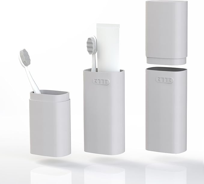Ventilated Compact Grey Toothbrush Travel Case, Portable Toothbrush & Toothpaste Holder Cover Organizer Container with Mouthwash Cup for School, Camping, Business Trip, Bathroom Storage