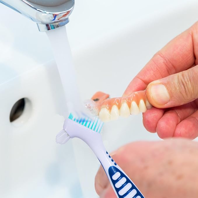 2Pcs Denture Brush False Teeth Toothbrush with 1 White Carrying Case, Effective Denture Cleaning Brush with Multi-Layered Soft Bristles,Orange and Blue