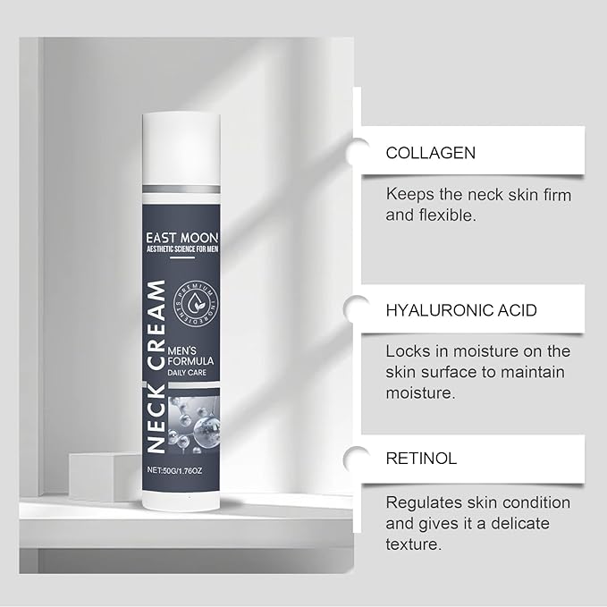 Men's Neck Cream with Collagen, Hyaluronic Acid and Retinol, Daily Care Formula, Non-Greasy, Light Texture, 50g/1.76oz