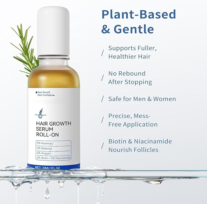 Hair Growth Serum Roll-On for Thinning Hair – Stimulates Follicles, Strengthens Roots & Boosts Density with Rosemary & Biotin – Non-Greasy Scalp Treatment for Men and Women 30ml